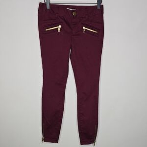 LOFT Burgundy Skinny Jeans with Gold Zippers
